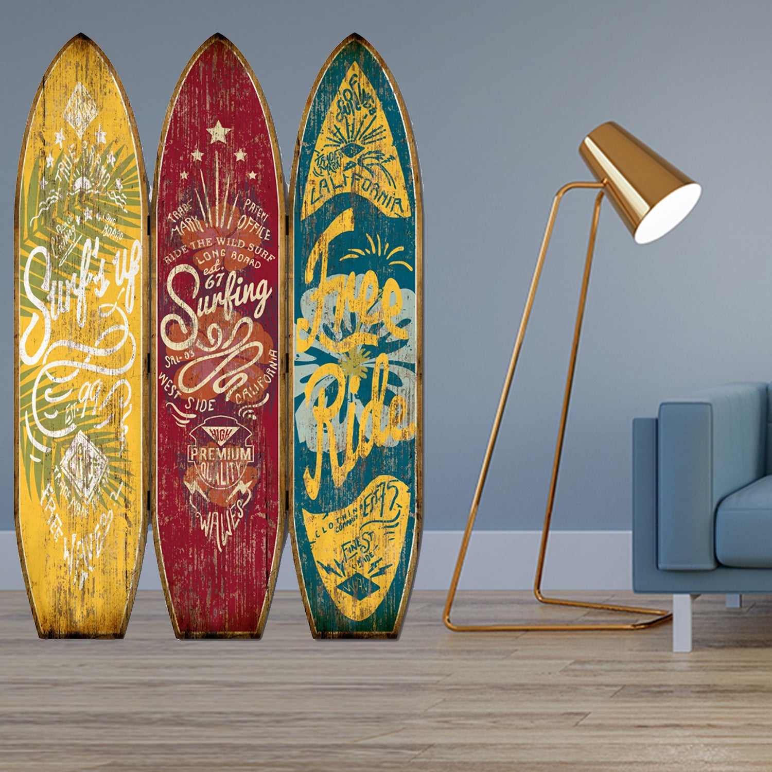 A vibrant multicolor wood room divider shaped like surfboards, showcasing coastal designs on both sides.