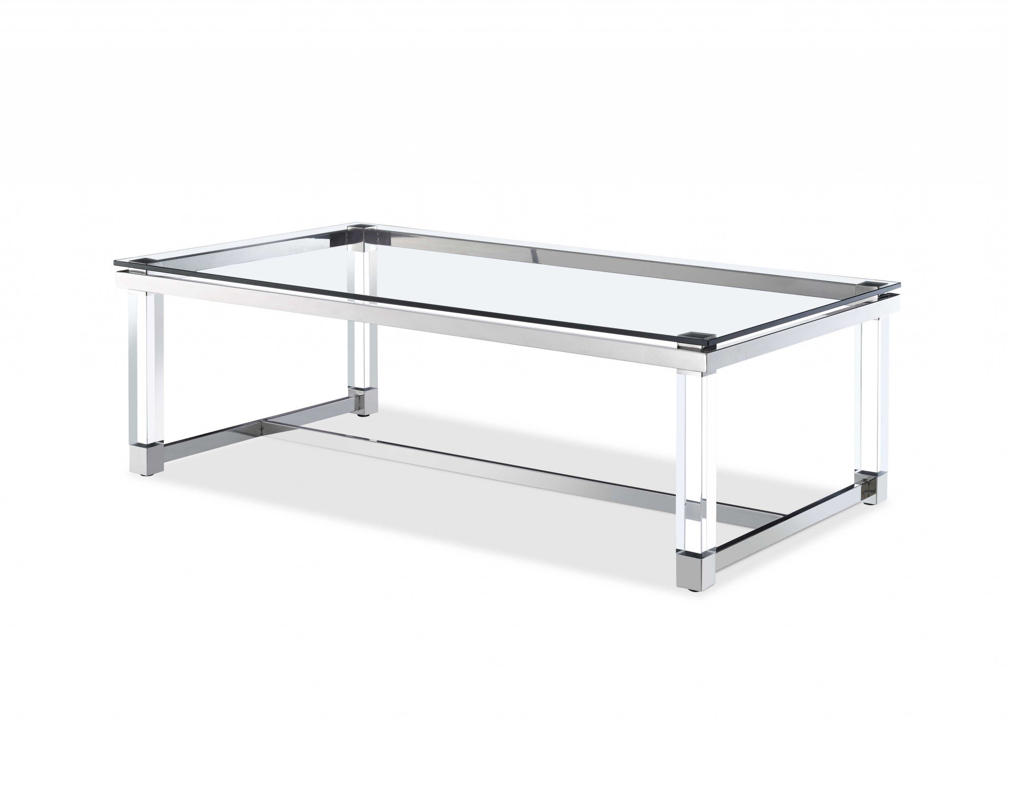 A modern rectangular center table featuring a 10mm tempered clear glass top and a durable stainless steel frame, perfect for stylish living spaces.