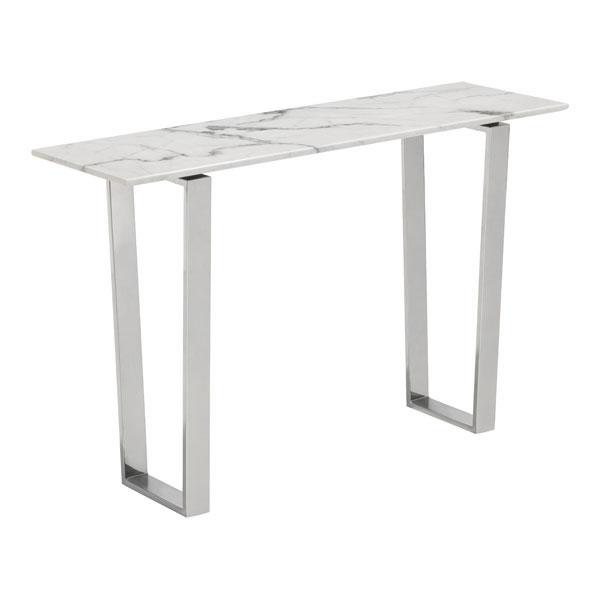 A stylish 47.2" Atlas Console table featuring a faux marble top and polished stainless steel base, perfect for modern interiors.