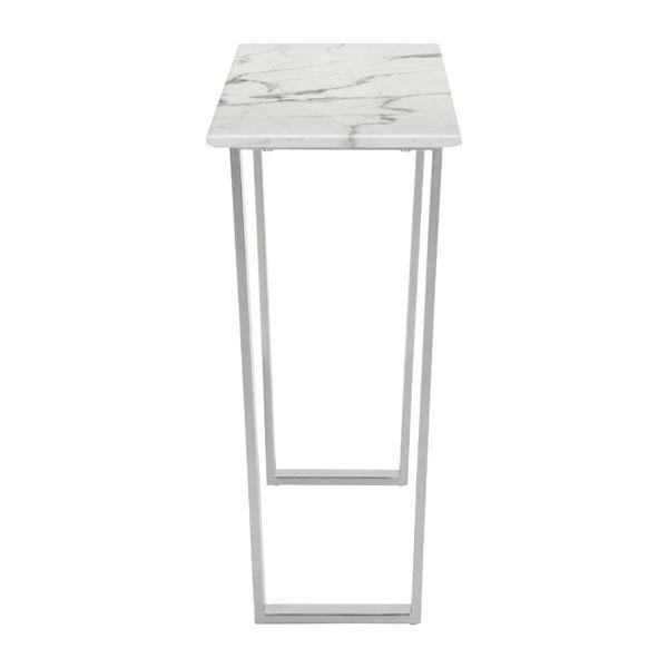 A stylish 47.2" Atlas Console table featuring a faux marble top and polished stainless steel base, perfect for modern interiors.