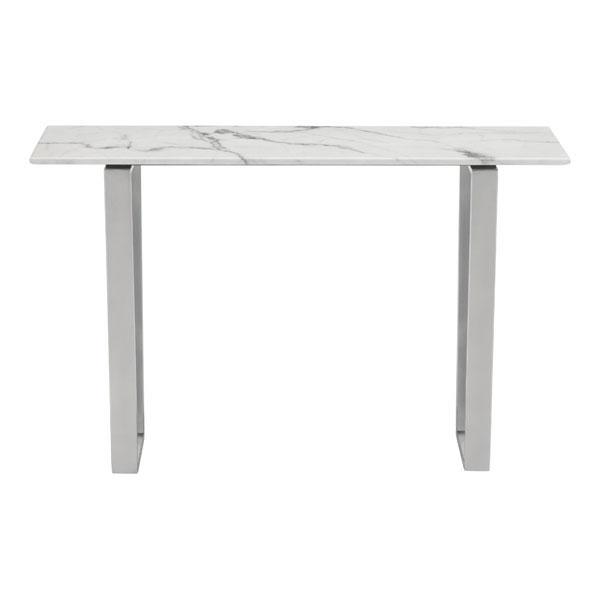 A stylish 47.2" Atlas Console table featuring a faux marble top and polished stainless steel base, perfect for modern interiors.