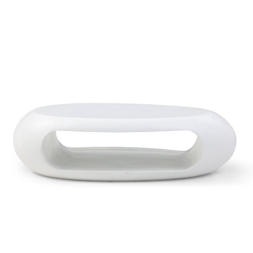 A sleek 47.24'' modern oval coffee table made of sturdy fiberglass, featuring a minimalist white design, perfect for living room decor.