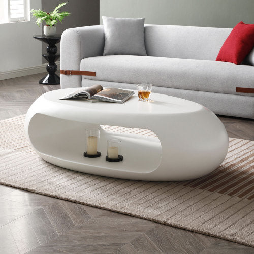 A sleek 47.24'' modern oval coffee table made of sturdy fiberglass, featuring a minimalist white design, perfect for living room decor.