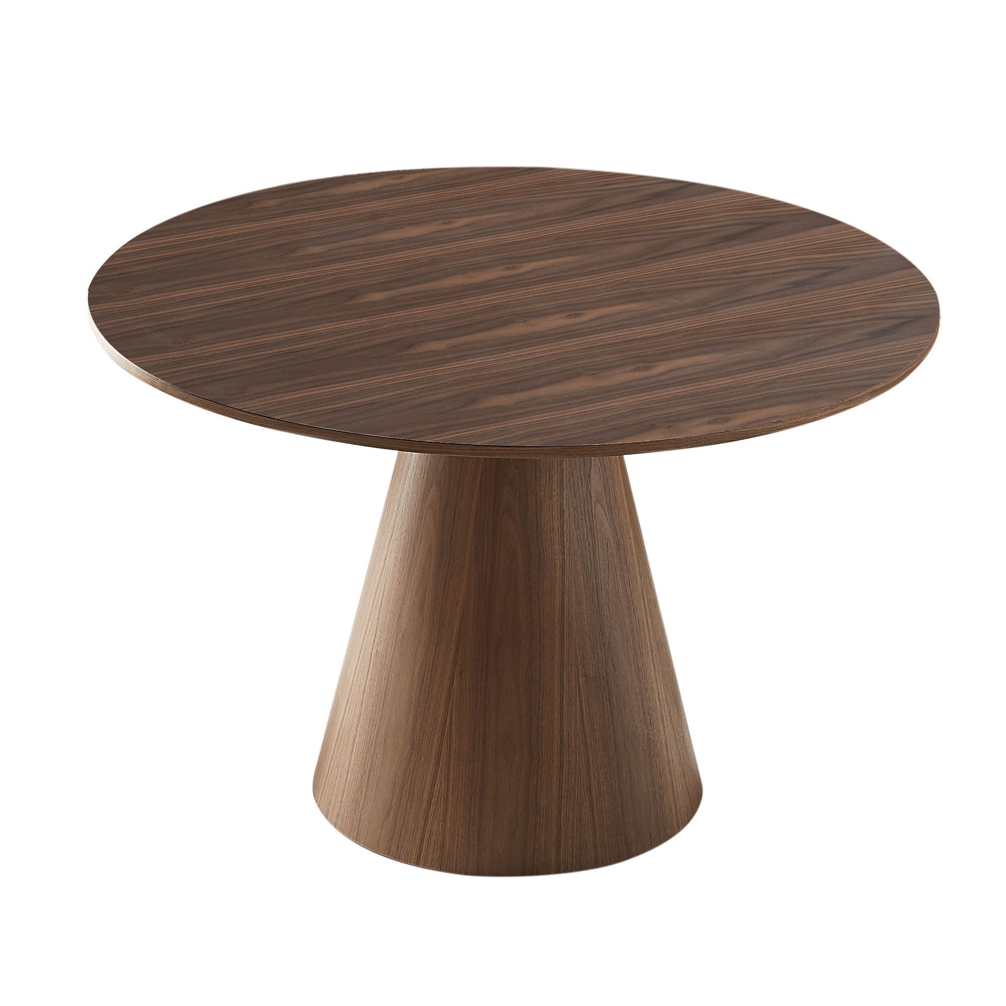 47.24-inch round modern dining table in walnut finish, showcasing a sleek MDF wood design suitable for various dining spaces.