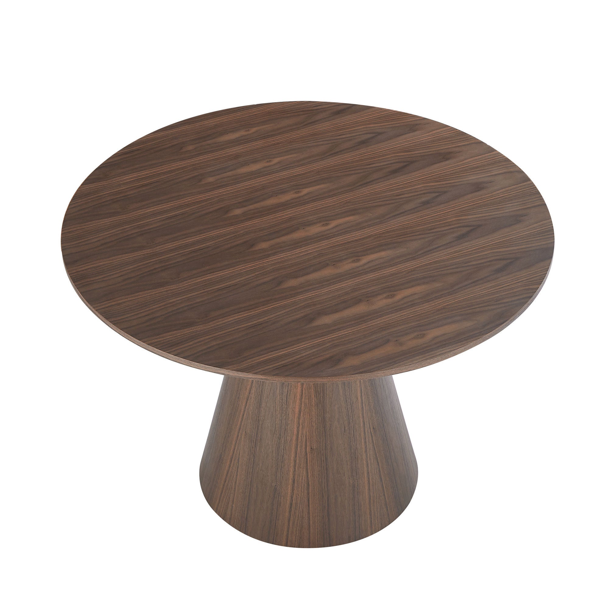 47.24-inch round modern dining table in walnut finish, showcasing a sleek MDF wood design suitable for various dining spaces.