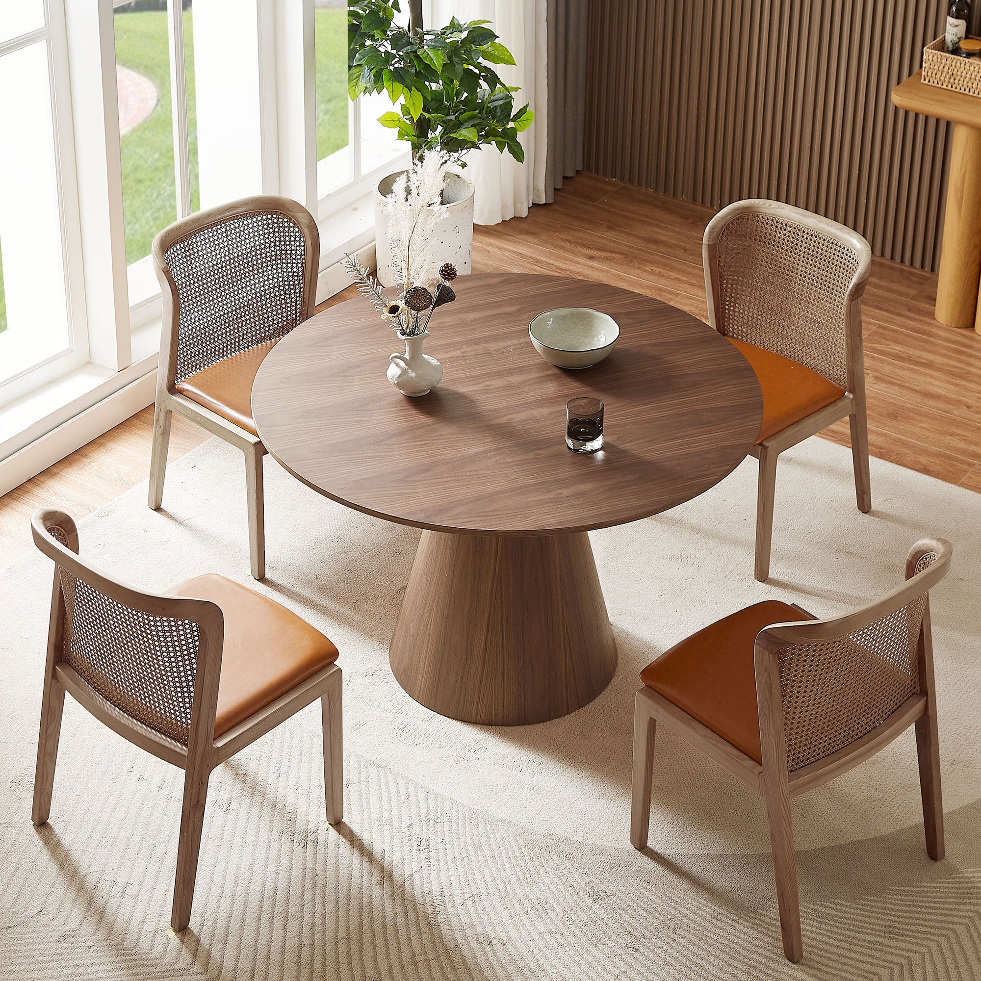 47.24-inch round modern dining table in walnut finish, showcasing a sleek MDF wood design suitable for various dining spaces.