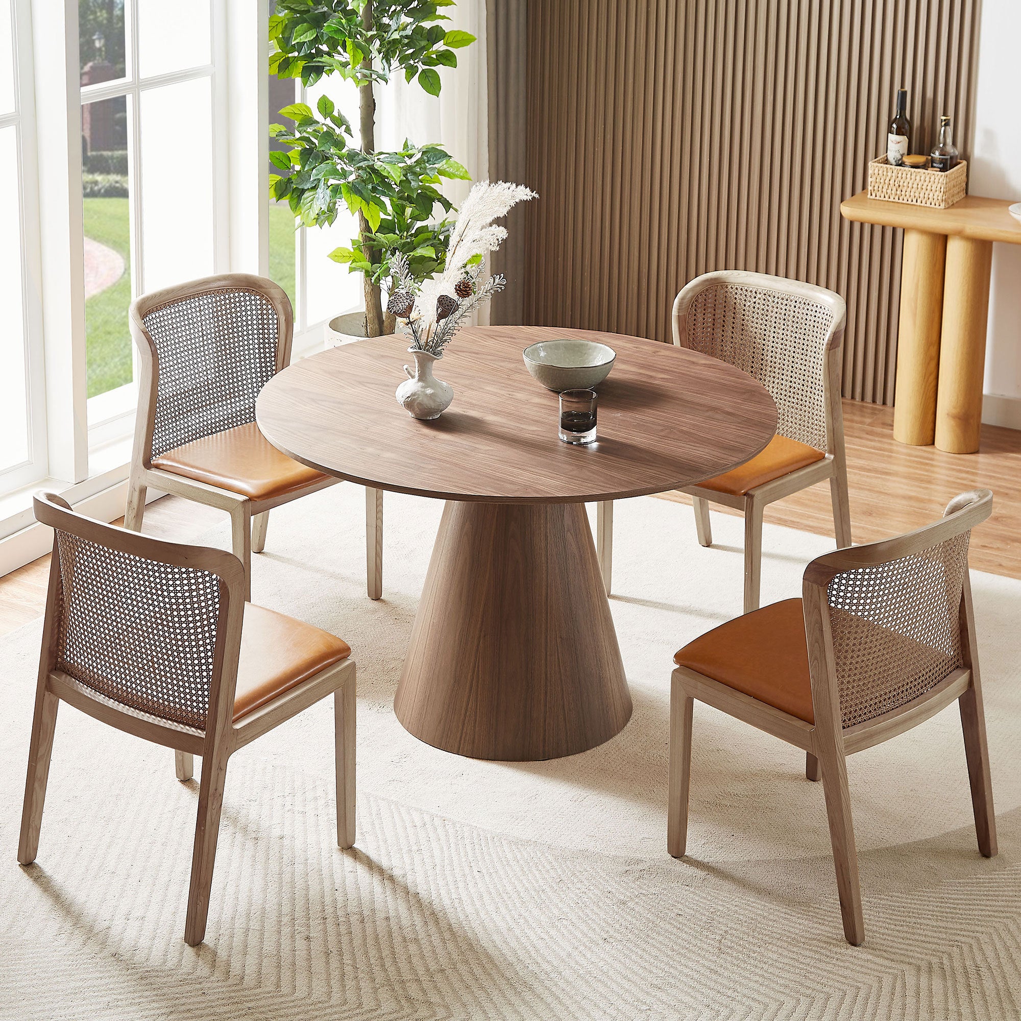 47.24-inch round modern dining table in walnut finish, showcasing a sleek MDF wood design suitable for various dining spaces.