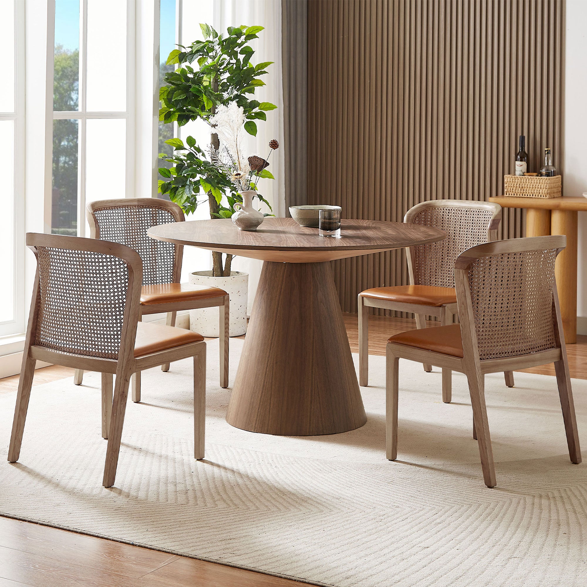 47.24-inch round modern dining table in walnut finish, showcasing a sleek MDF wood design suitable for various dining spaces.