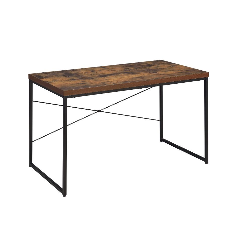 Weathered Oak Paper Veneer Desk with black metal legs, showcasing a spacious writing surface and classic design.