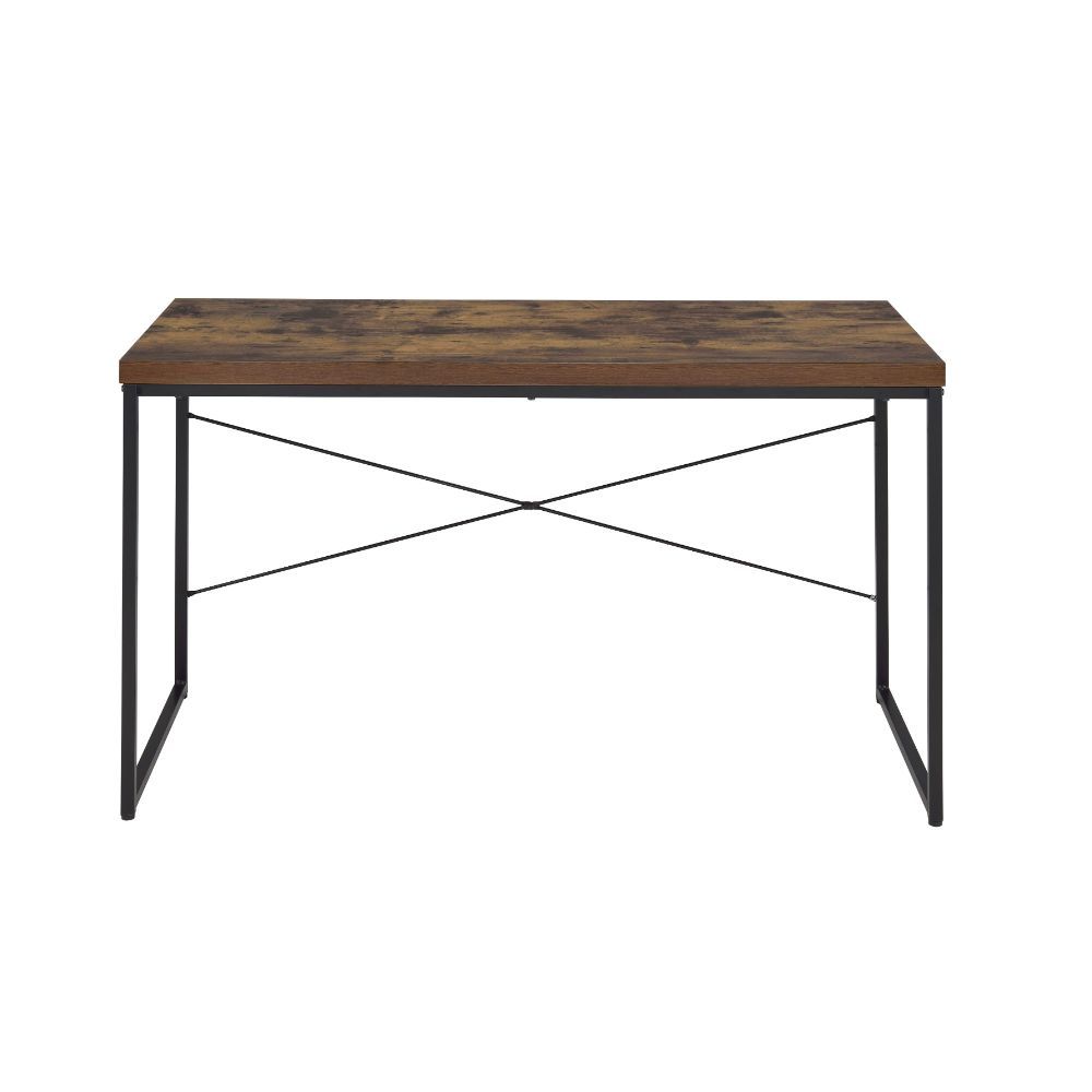 Weathered Oak Paper Veneer Desk with black metal legs, showcasing a spacious writing surface and classic design.