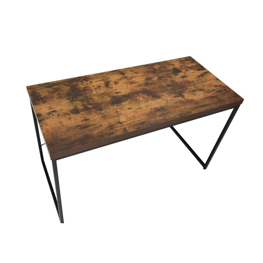 Weathered Oak Paper Veneer Desk with black metal legs, showcasing a spacious writing surface and classic design.