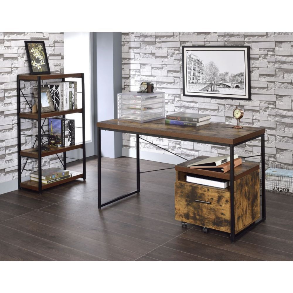 Weathered Oak Paper Veneer Desk with black metal legs, showcasing a spacious writing surface and classic design.