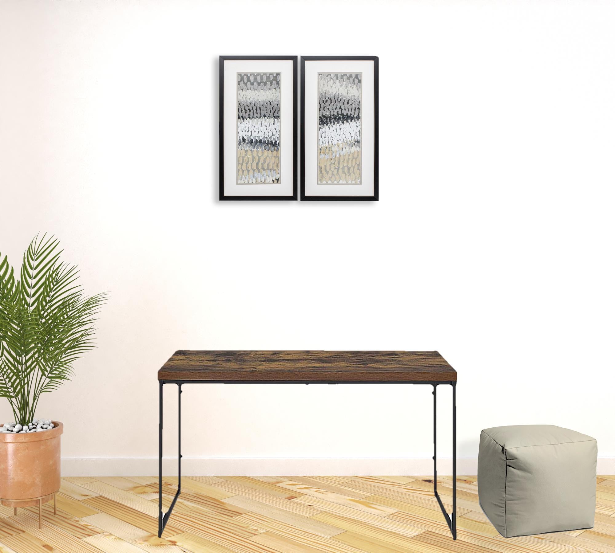 Weathered Oak Paper Veneer Desk with black metal legs, showcasing a spacious writing surface and classic design.