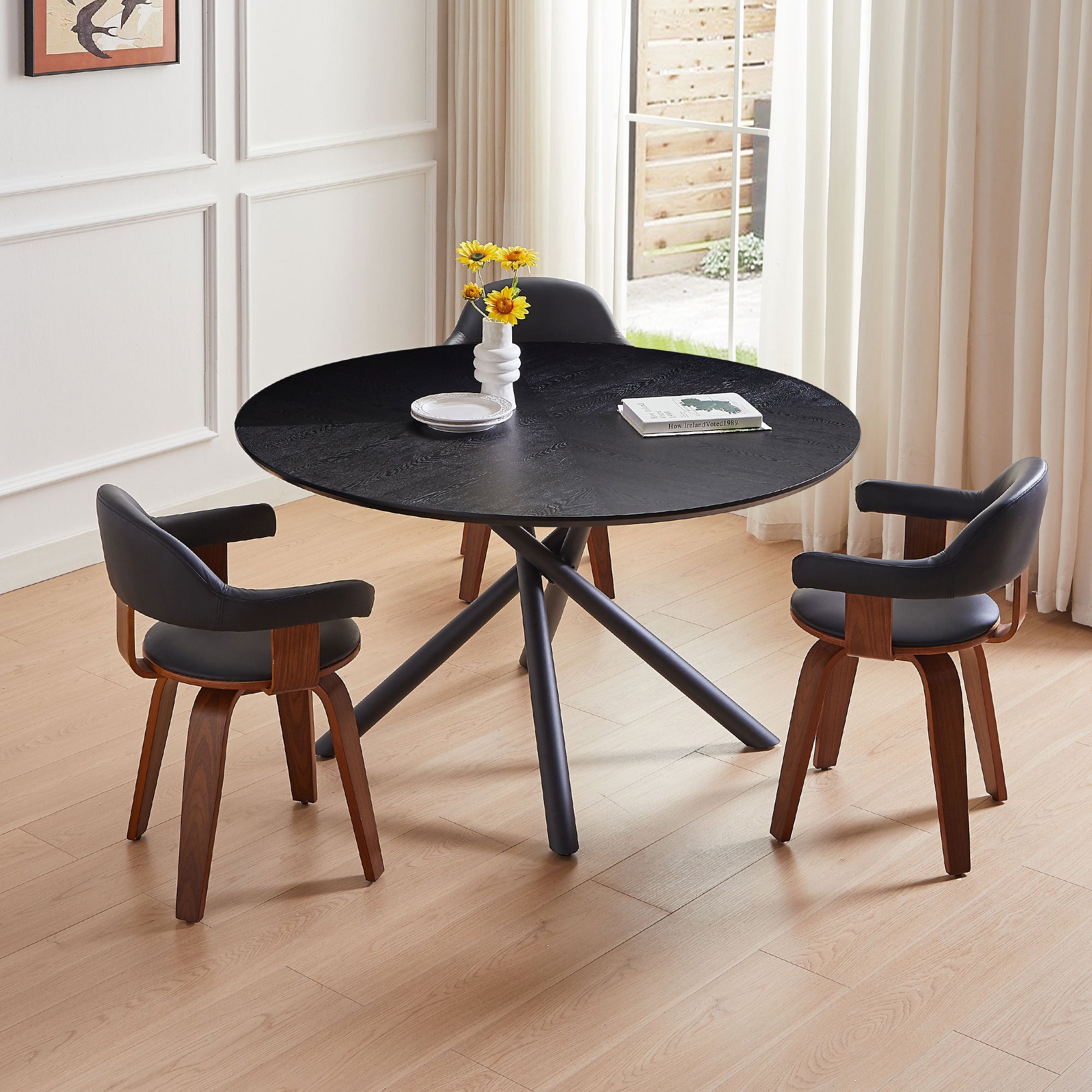 47.25'' Round MDF Coffee Table with Cross Legs in Black, showcasing a modern design suitable for any living space.