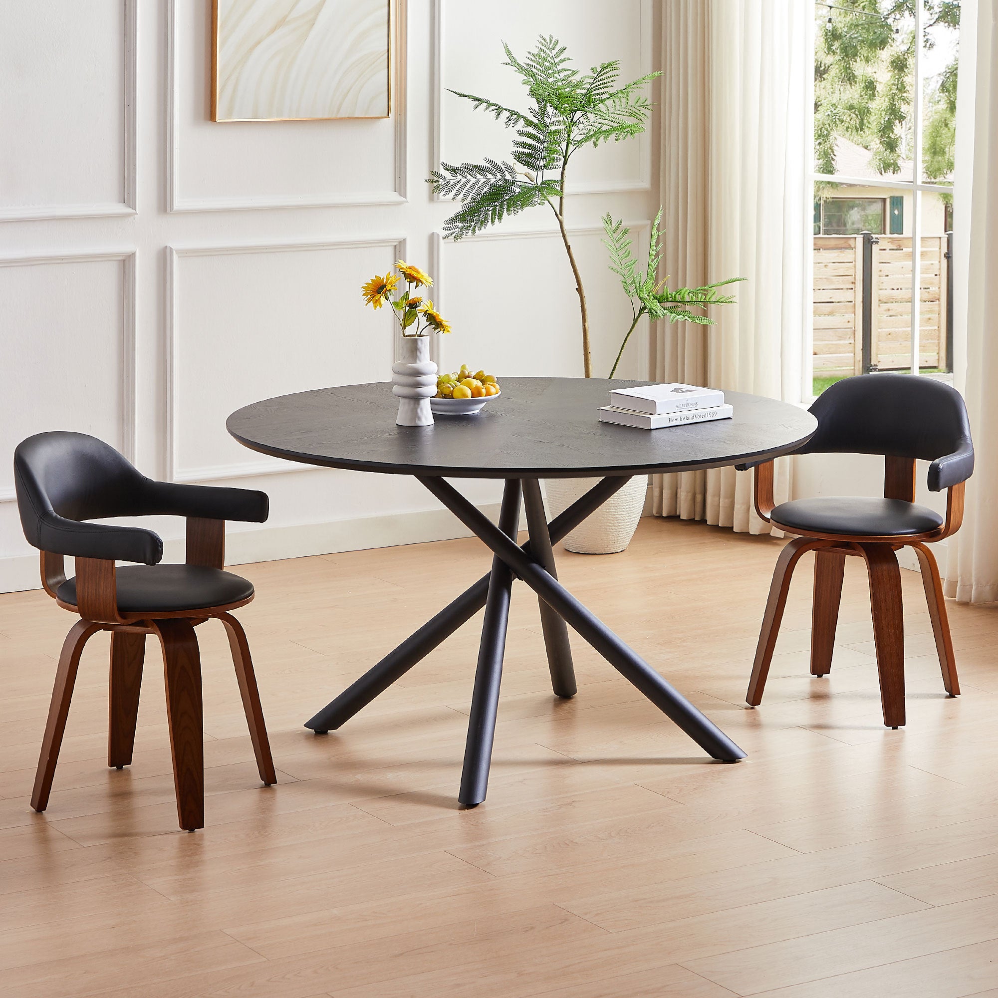 47.25'' Round MDF Coffee Table with Cross Legs in Black, showcasing a modern design suitable for any living space.