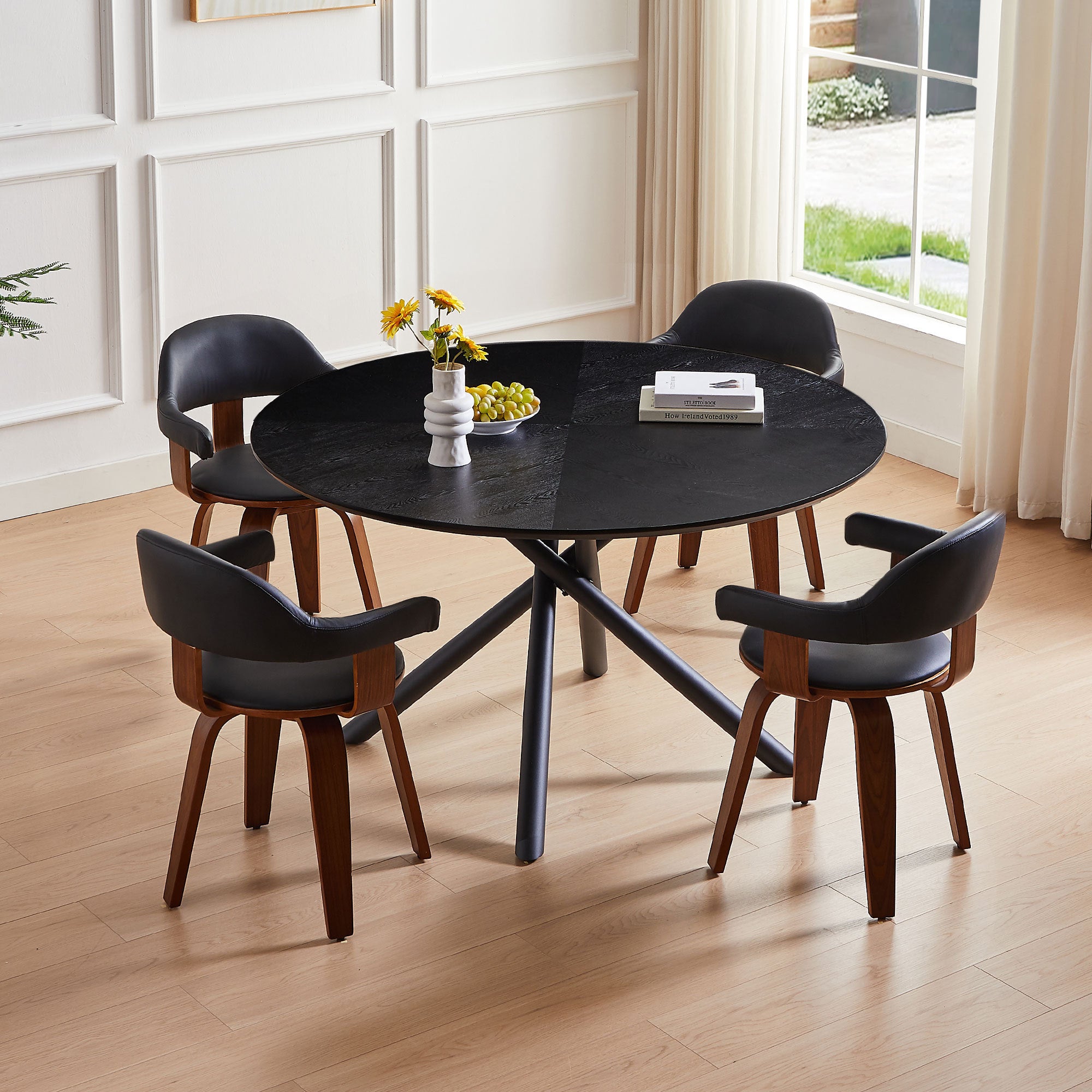 47.25'' Round MDF Coffee Table with Cross Legs in Black, showcasing a modern design suitable for any living space.