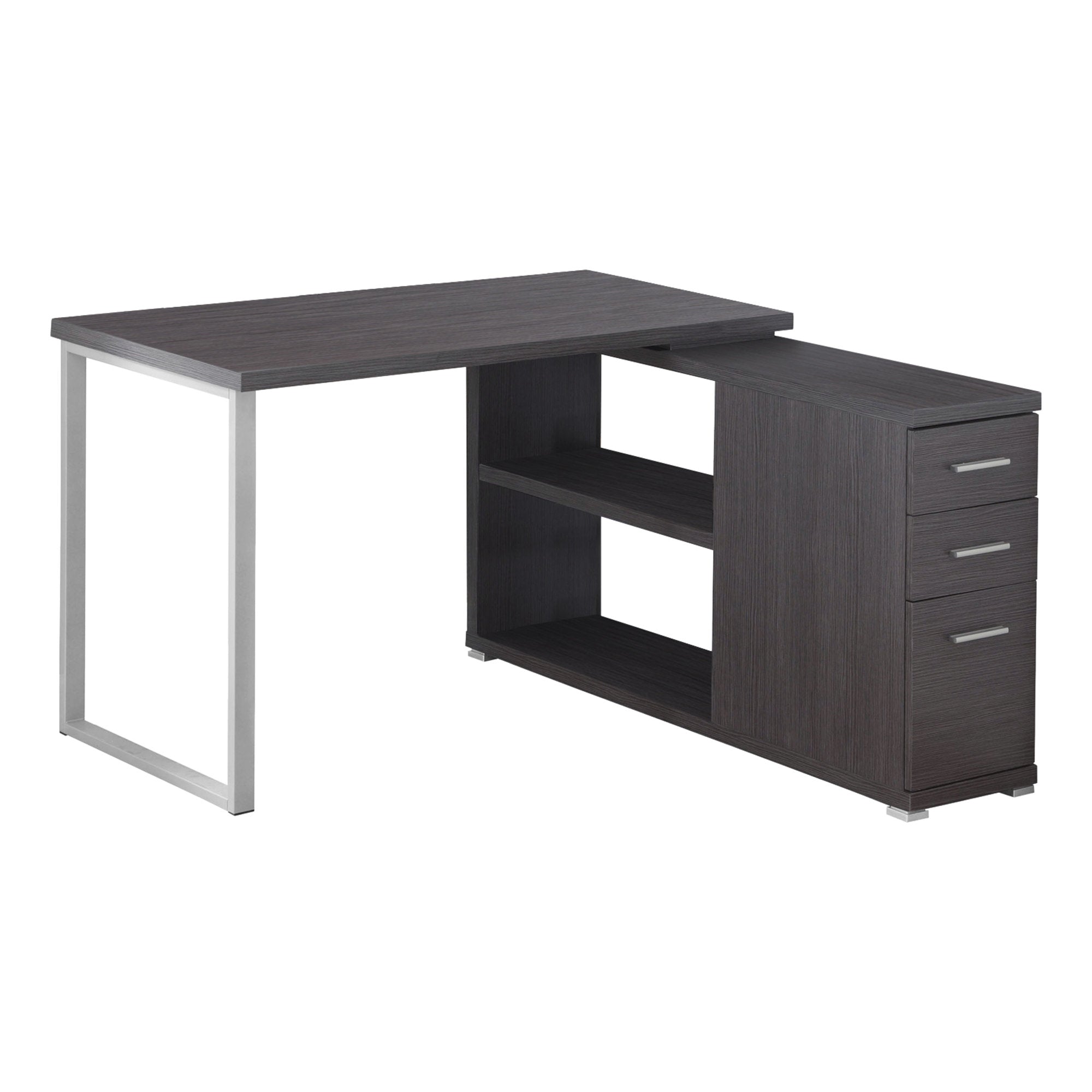 L-shaped computer desk in grey and silver particle board with three drawers and two shelves, perfect for office or home use.