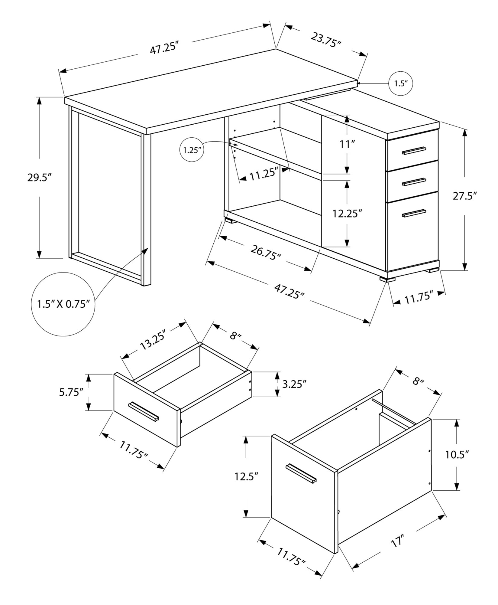 L-shaped computer desk in grey and silver particle board with three drawers and two shelves, perfect for office or home use.