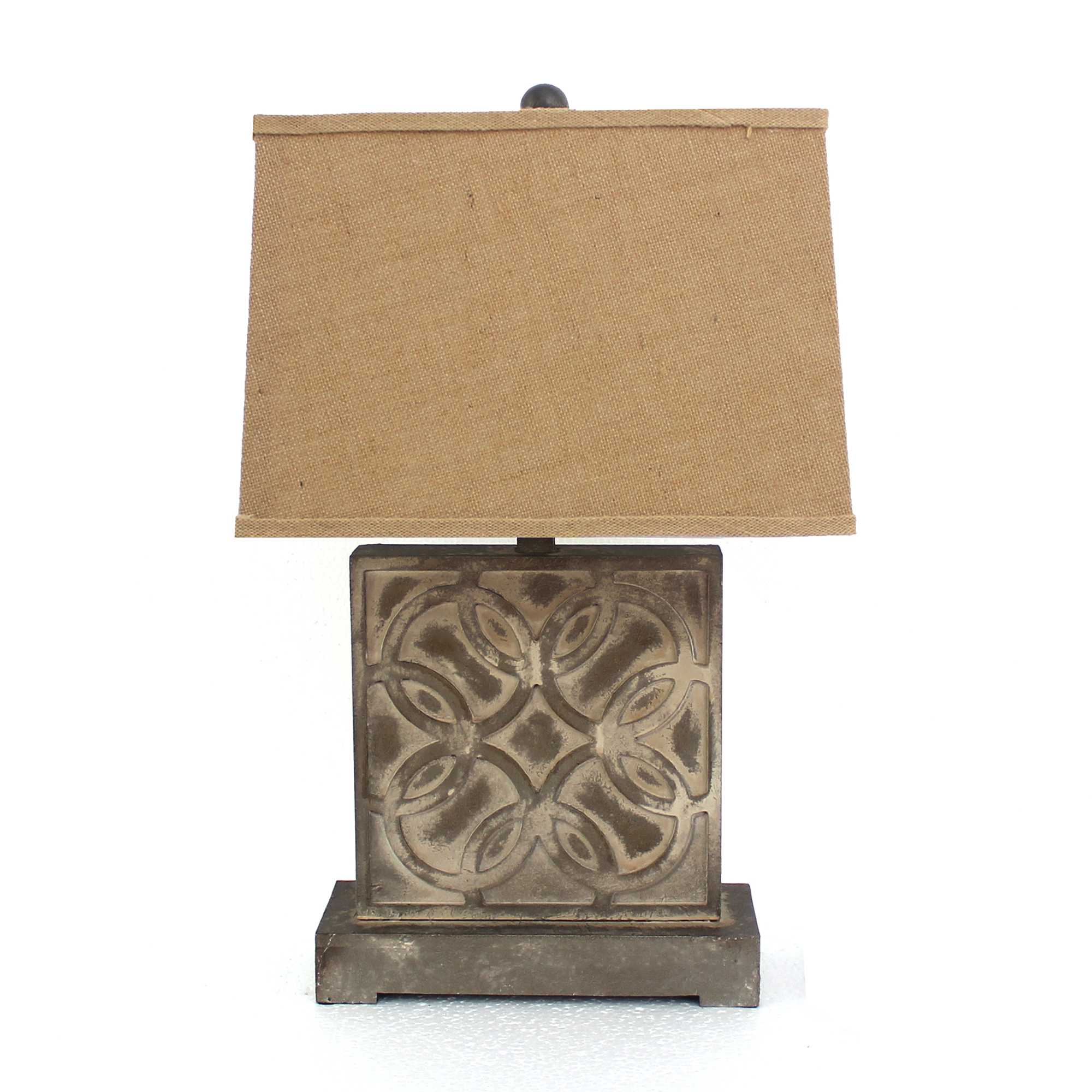 A vintage table lamp featuring a brown hammered metal base and a khaki linen shade, perfect for home decor.