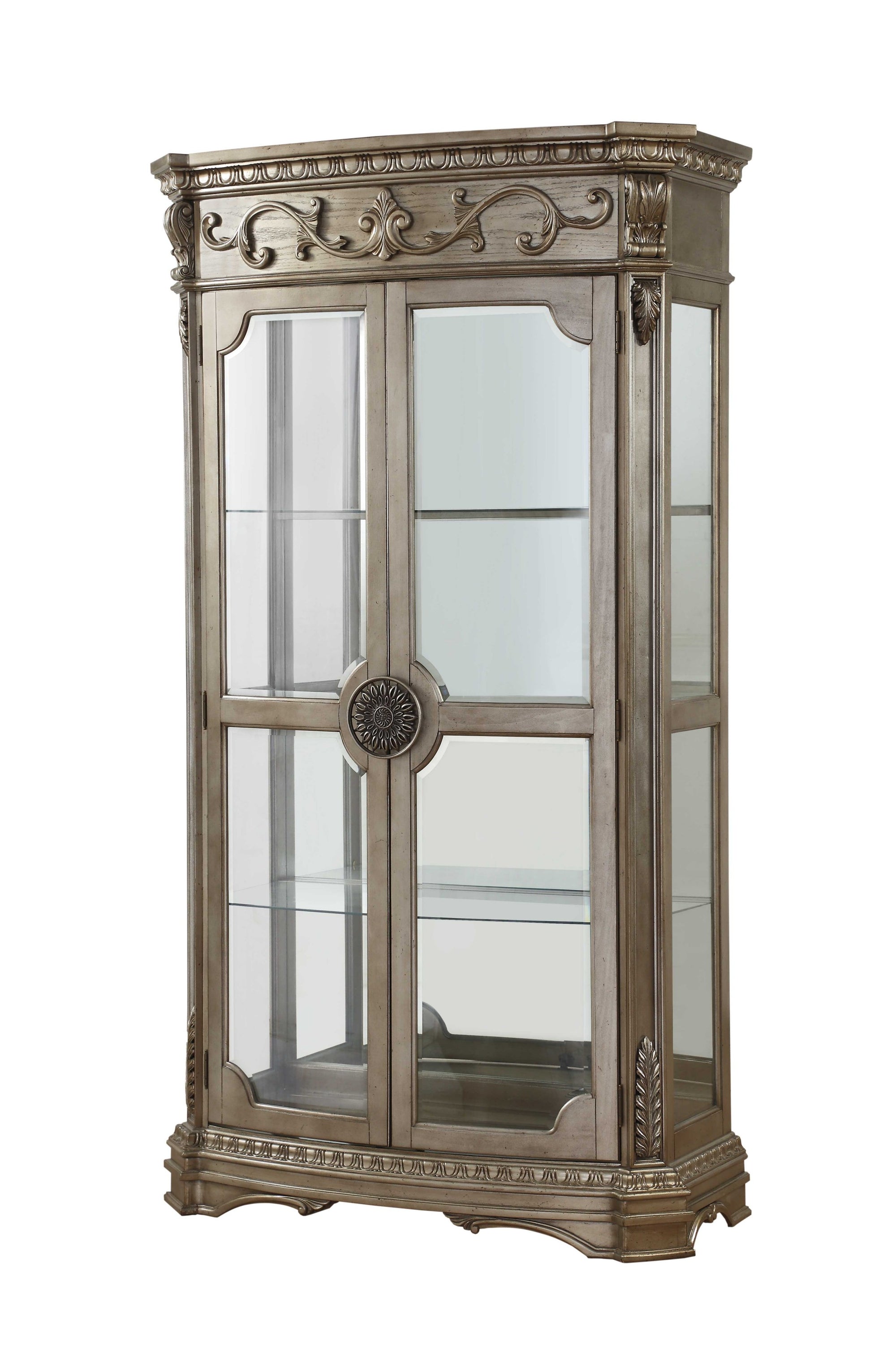 Antique Champagne Curio Cabinet with glass doors and intricate carvings, showcasing elegant design and ample display space.