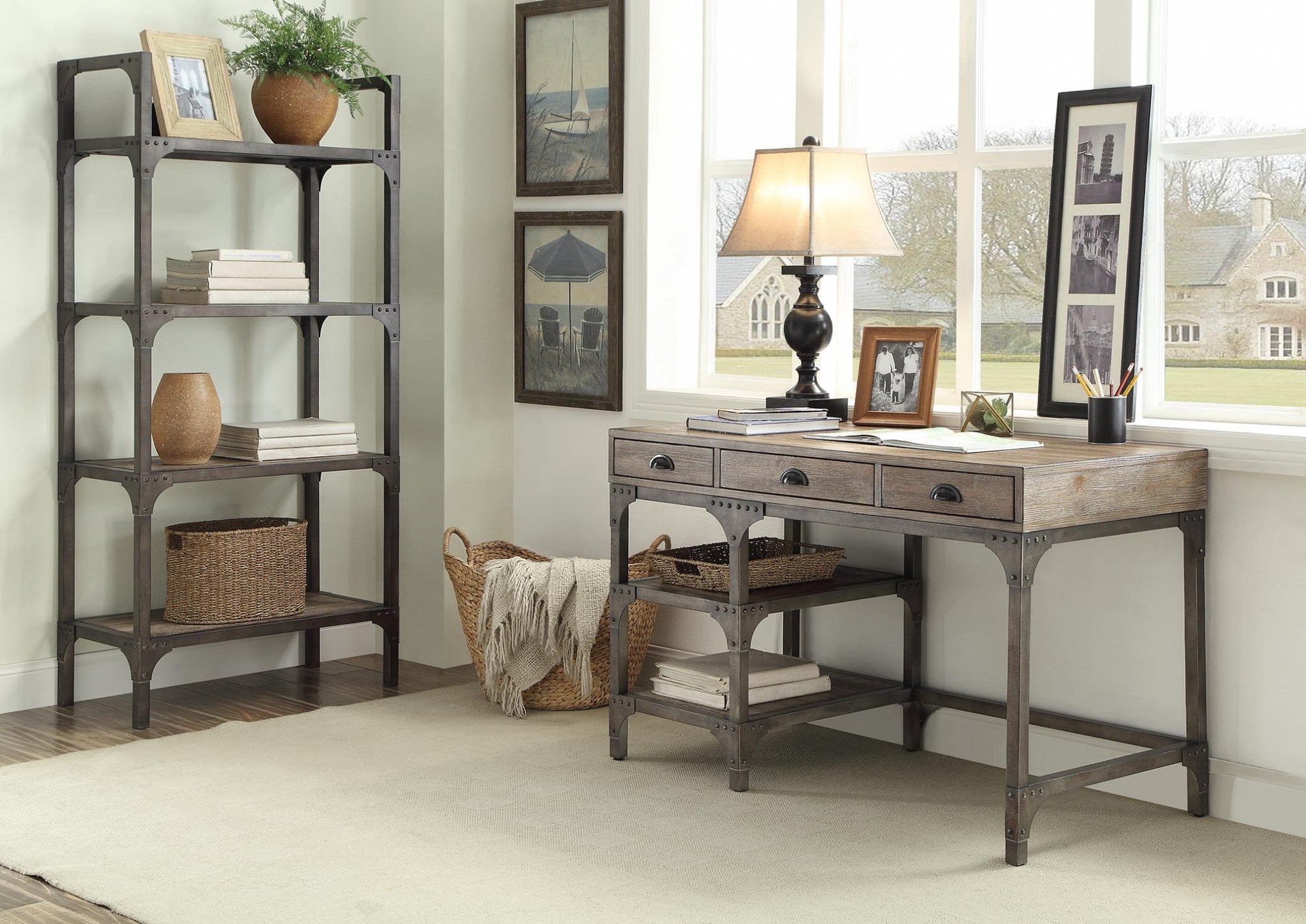 A stylish 47x24x29 weathered oak desk with antique silver legs, featuring three drawers and two shelves for storage.