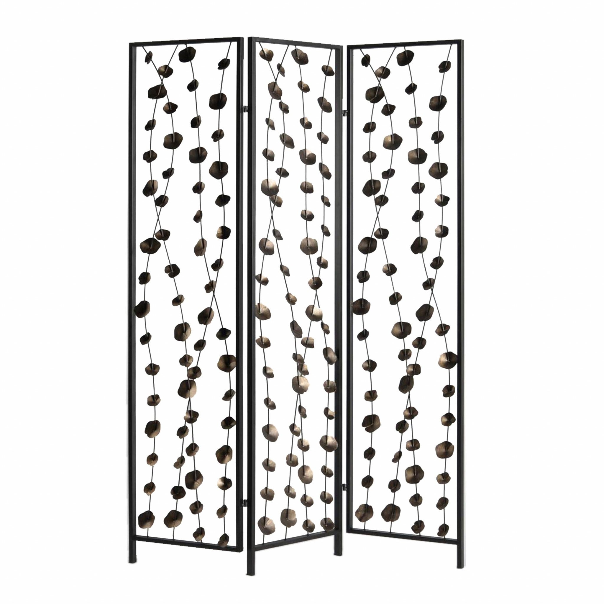 A stylish gray and bronze metal screen featuring a unique falling blooms design, perfect for room division and home decor.