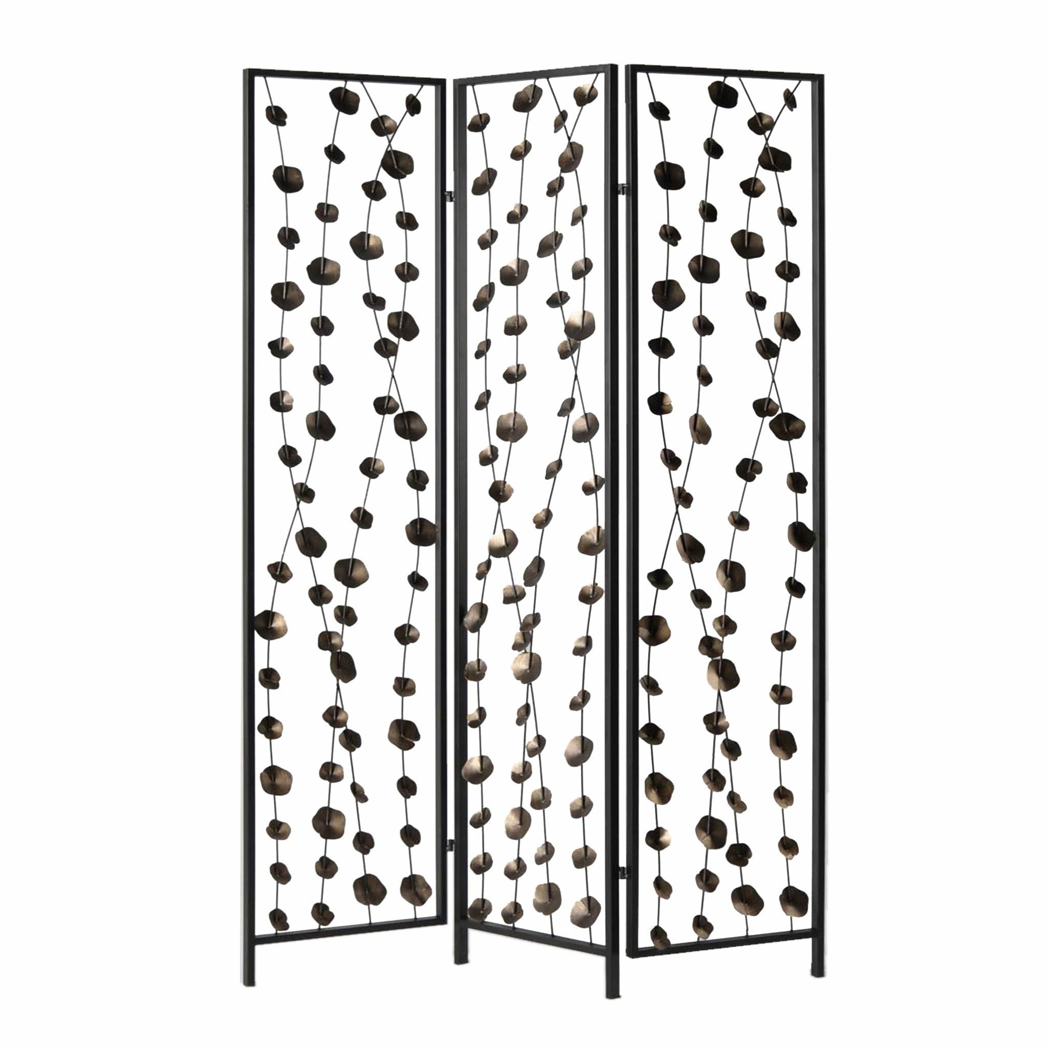 A stylish gray and bronze metal screen featuring a unique falling blooms design, perfect for room division and home decor.