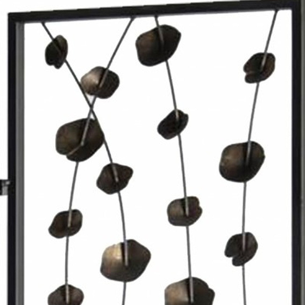 A stylish gray and bronze metal screen featuring a unique falling blooms design, perfect for room division and home decor.