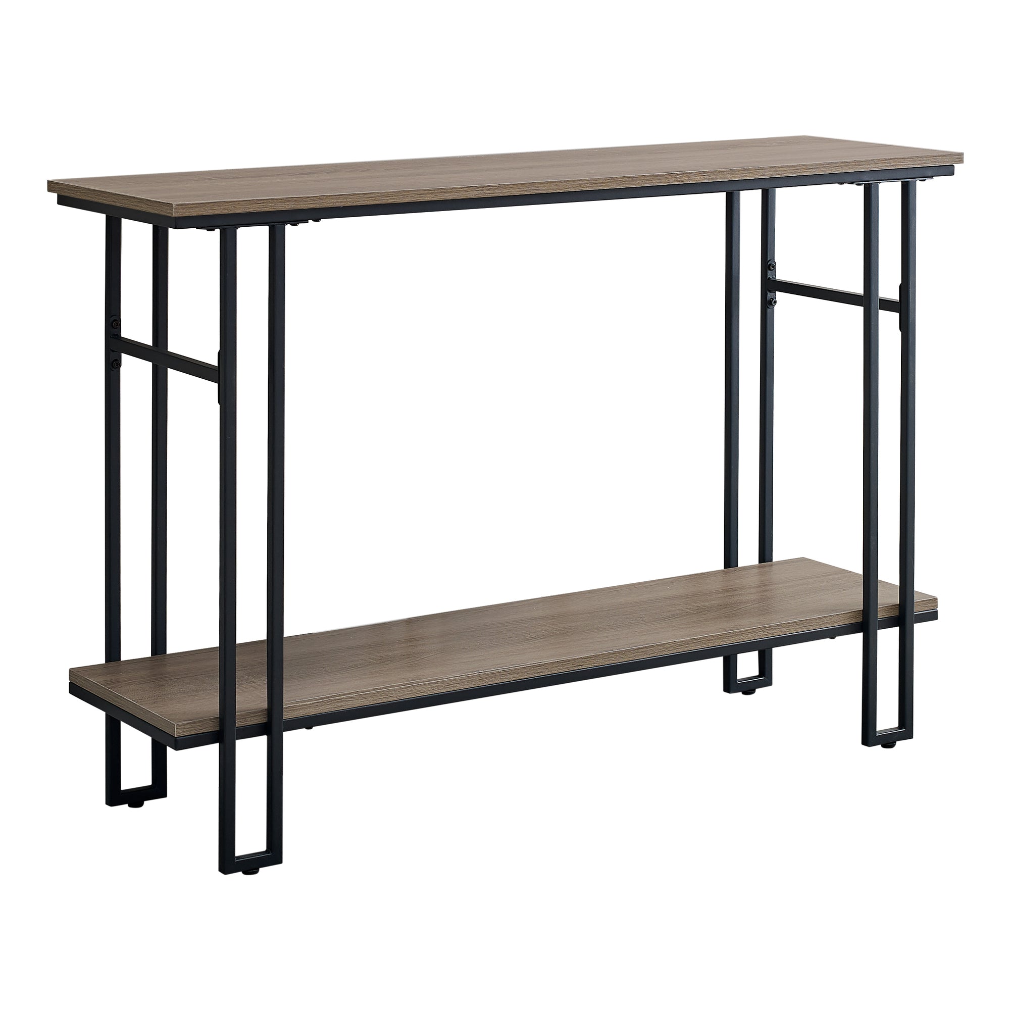 A stylish 48-inch rectangular grey and black metal hall console accent table, featuring a sleek reclaimed taupe finish and sturdy H frame.