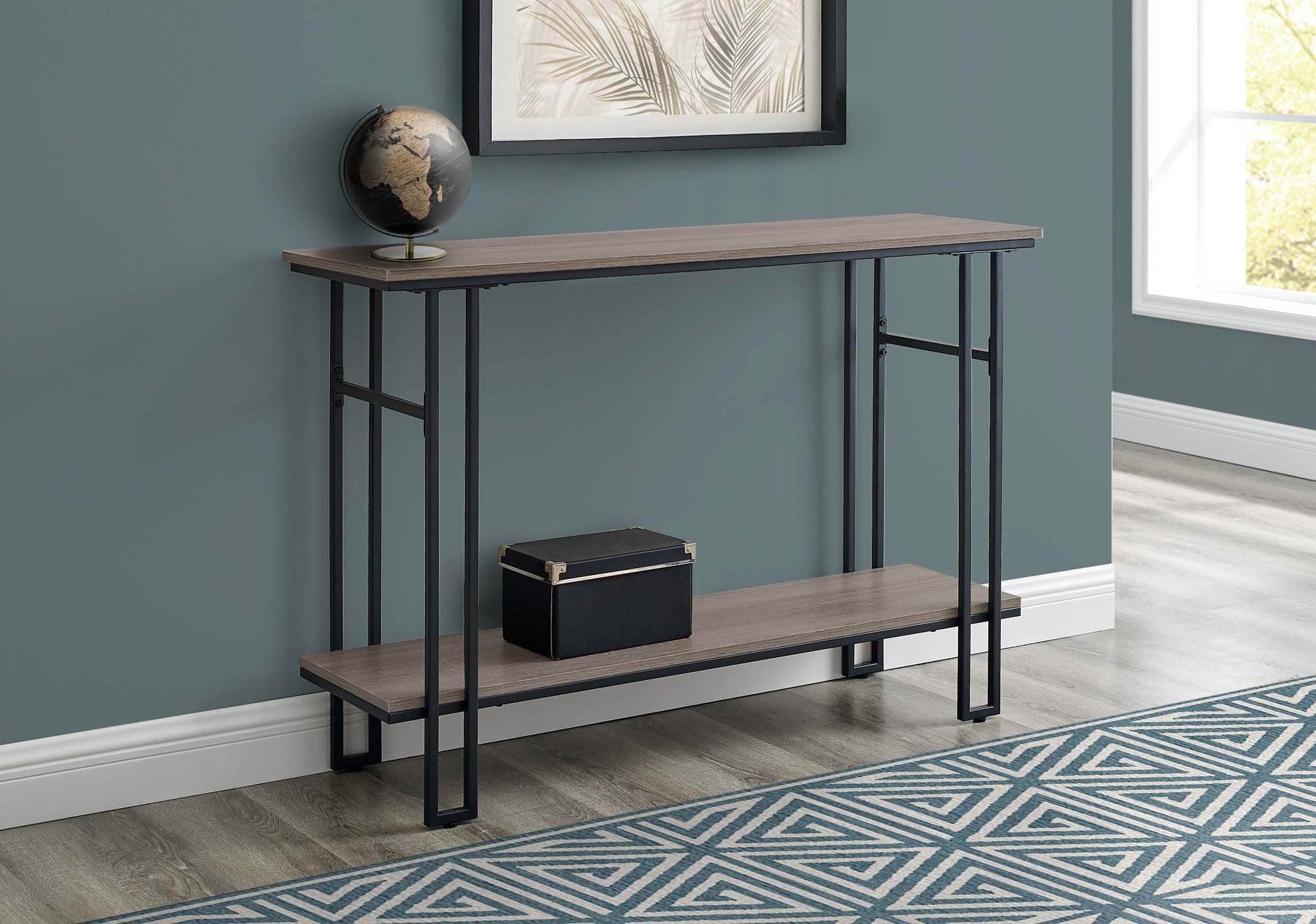 A stylish 48-inch rectangular grey and black metal hall console accent table, featuring a sleek reclaimed taupe finish and sturdy H frame.