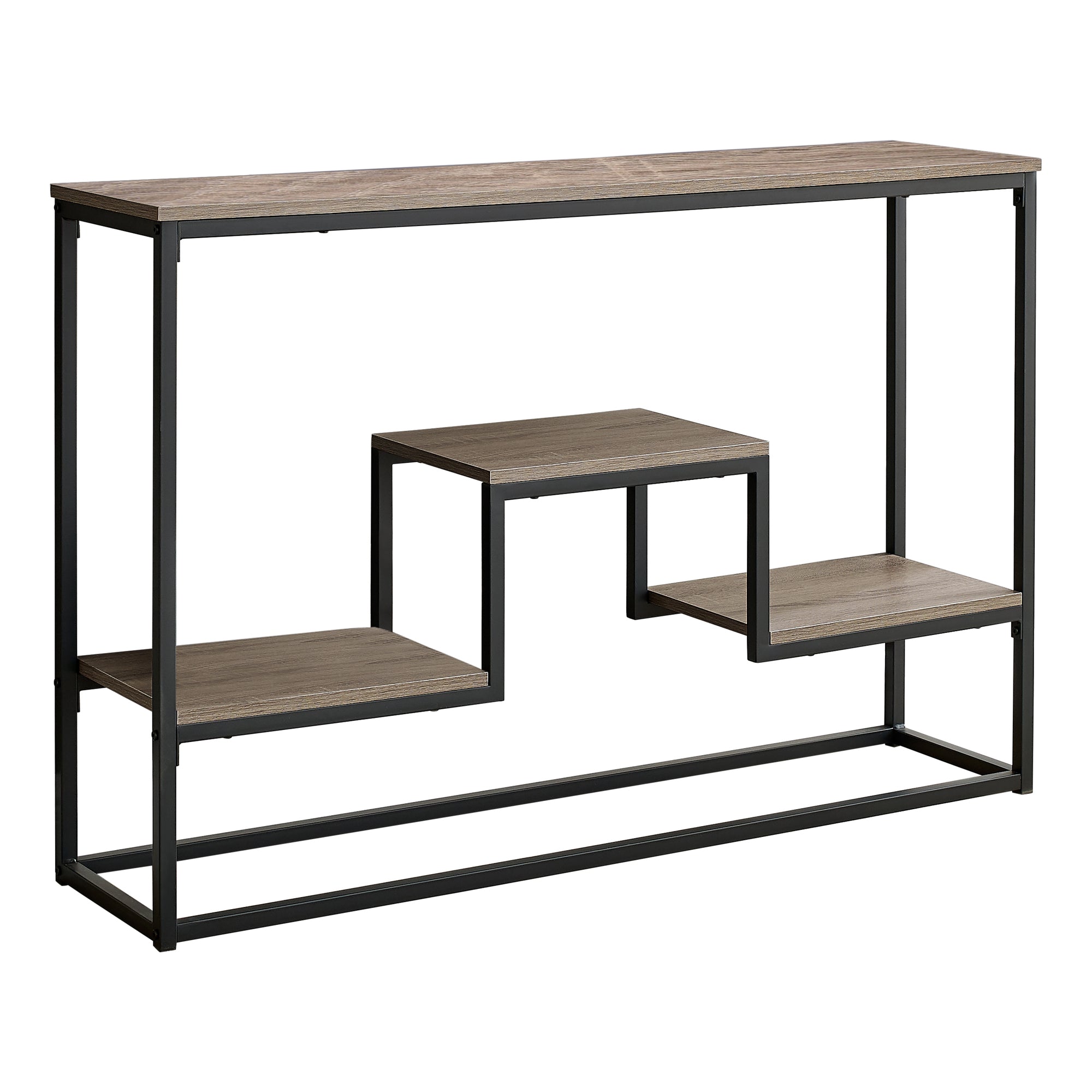 48-inch rectangular taupe wood look hall console accent table with black metal frame and multi-level shelving.