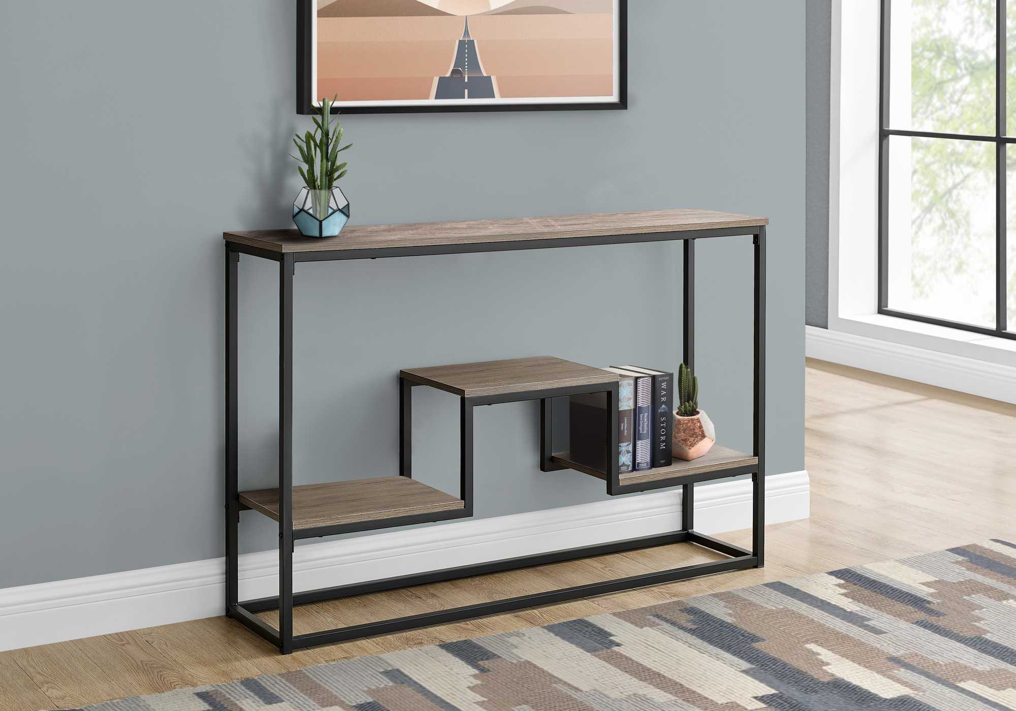 48-inch rectangular taupe wood look hall console accent table with black metal frame and multi-level shelving.