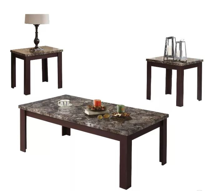 A stylish 3Pc coffee table set featuring faux marble tops and cherry wood legs, perfect for modern living rooms.