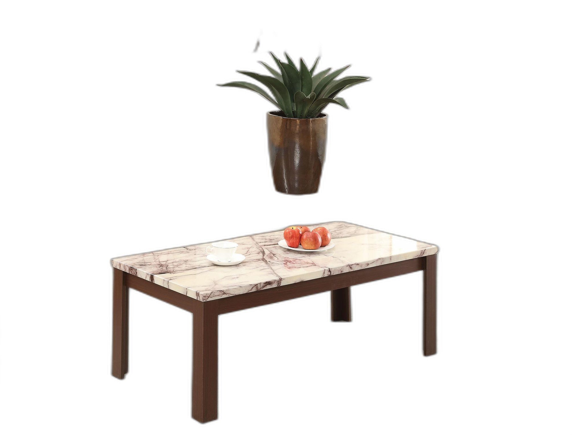 A stylish 3Pc coffee table set featuring faux marble tops and cherry wood legs, perfect for modern living rooms.