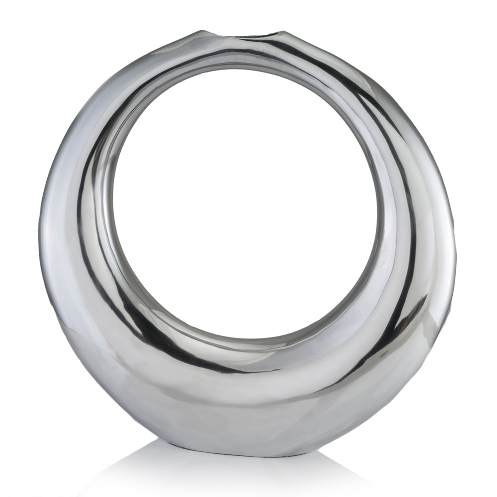 A sophisticated Silver Aluminum Ring Large Hoop Vase, measuring 19 inches tall, featuring a modern design perfect for floral arrangements.