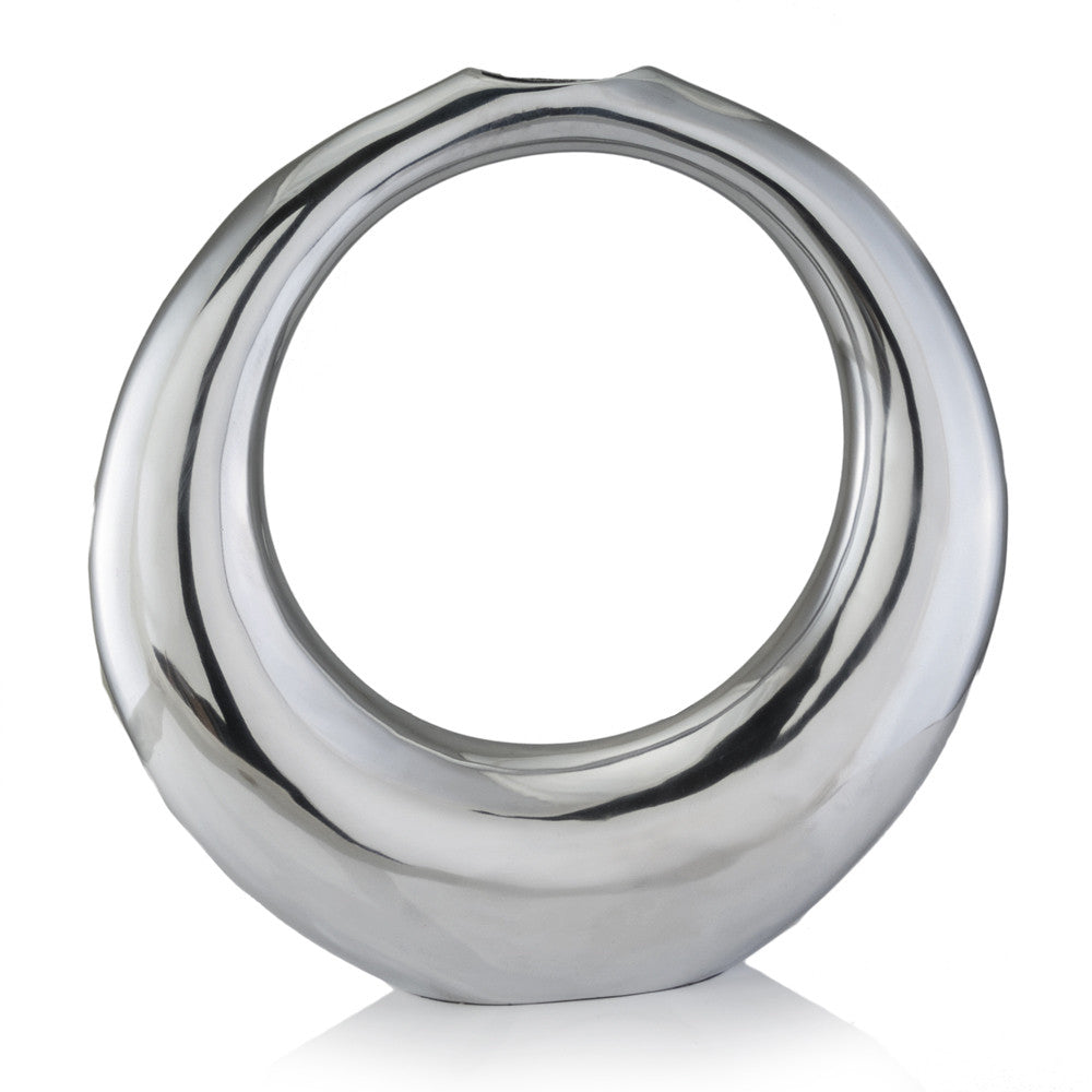 A sophisticated Silver Aluminum Ring Large Hoop Vase, measuring 19 inches tall, featuring a modern design perfect for floral arrangements.