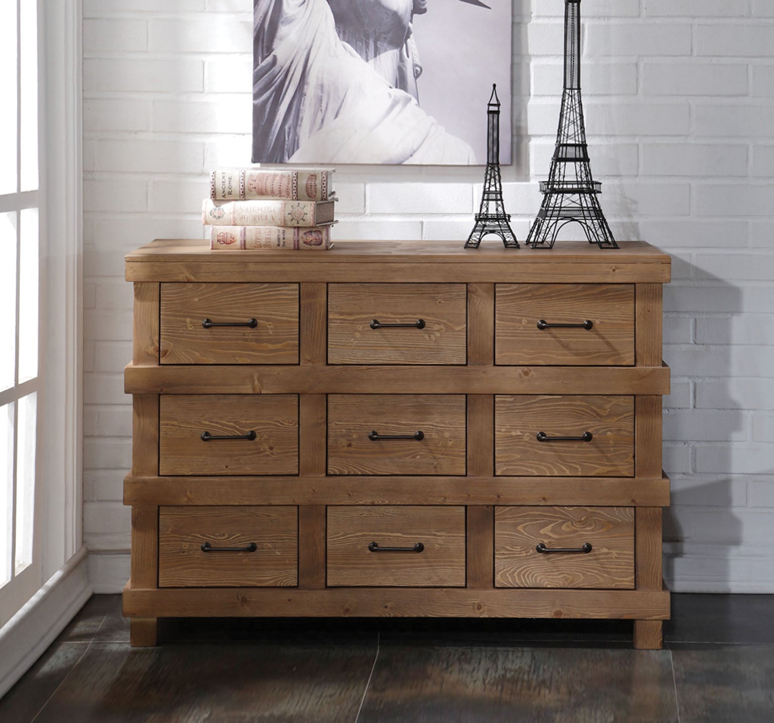 A beautifully crafted antique oak dresser measuring 44x19x32 inches, featuring nine drawers and a sophisticated design.