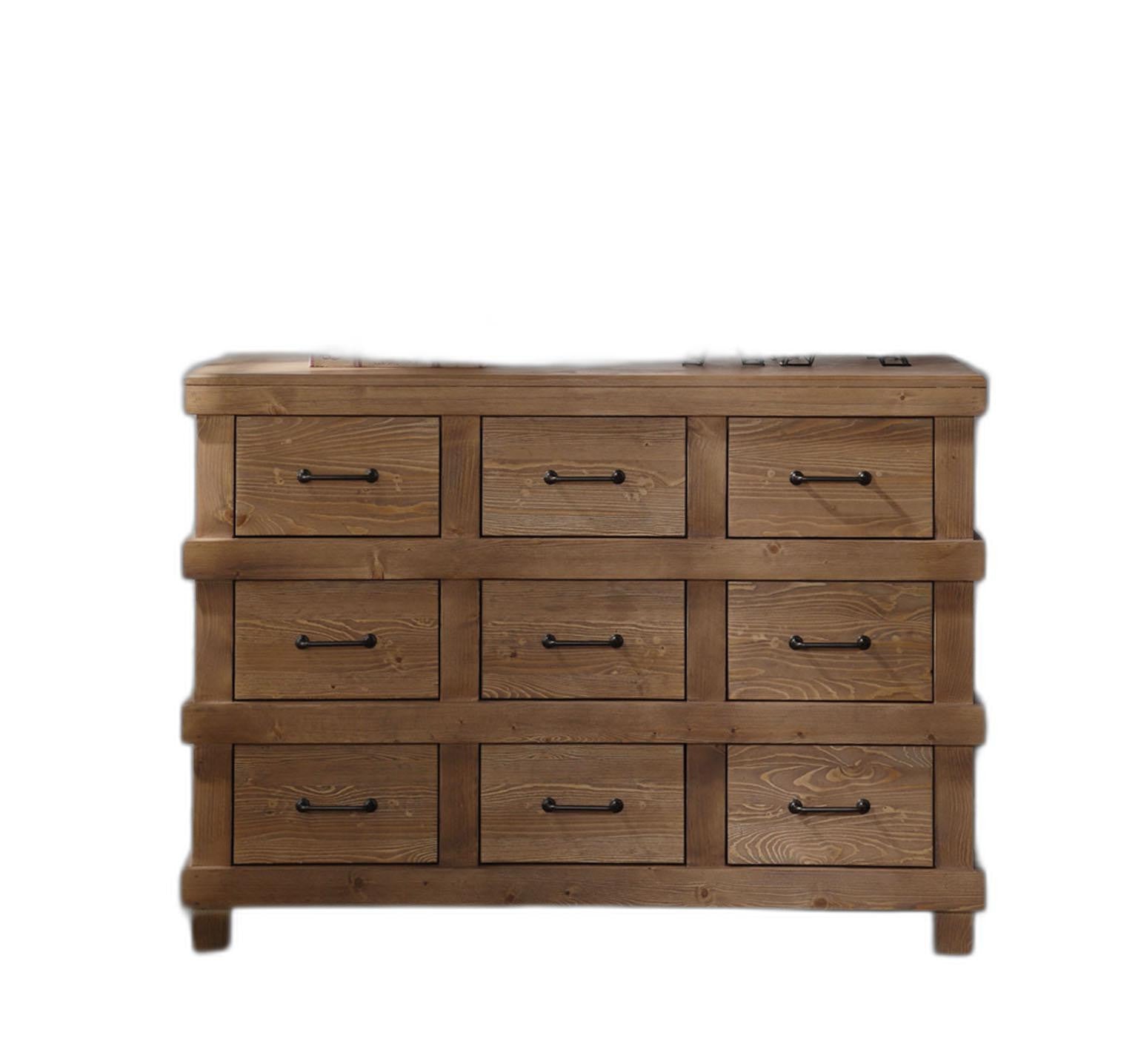 A beautifully crafted antique oak dresser measuring 44x19x32 inches, featuring nine drawers and a sophisticated design.