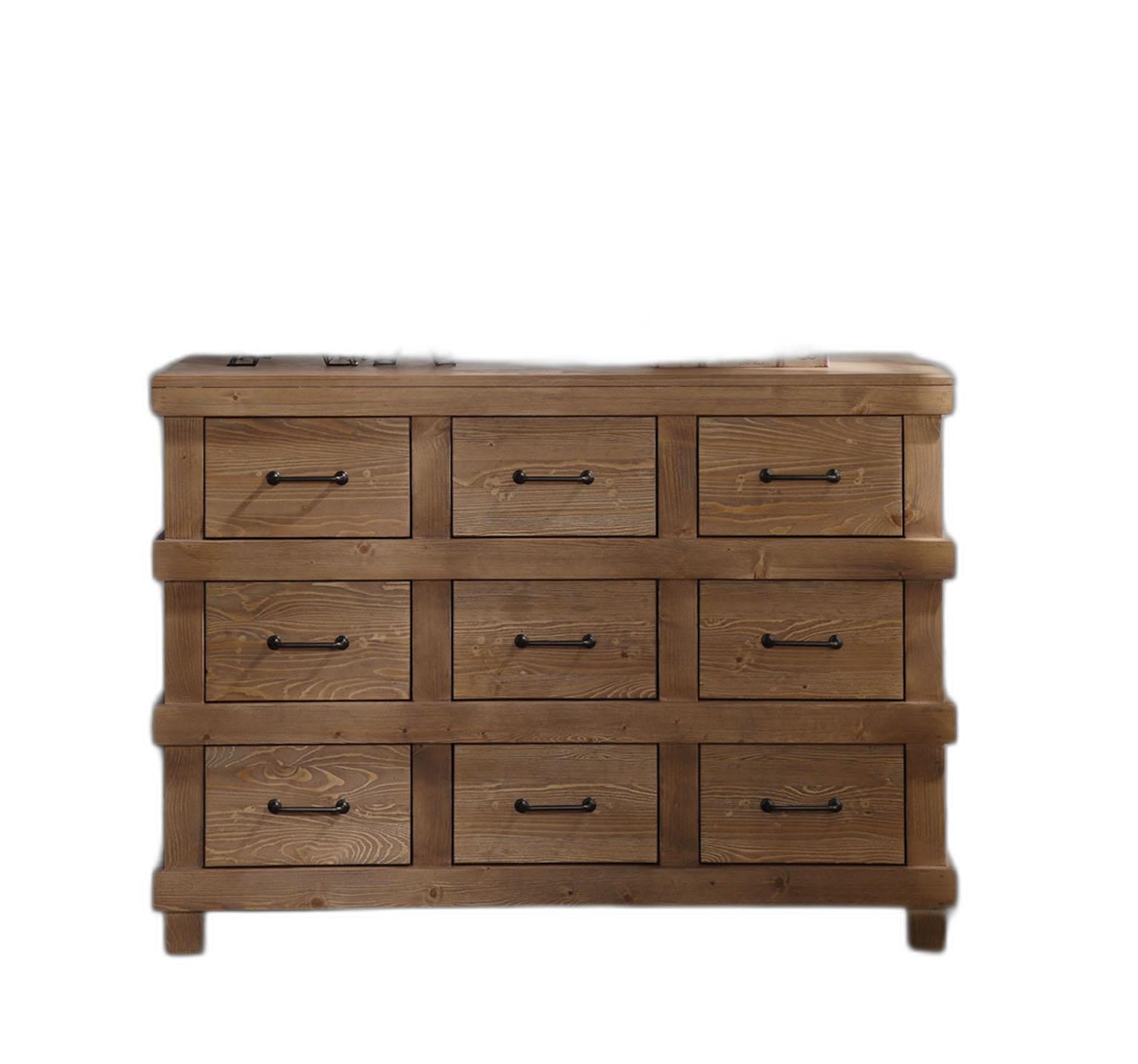 A beautifully crafted antique oak dresser measuring 44x19x32 inches, featuring nine drawers and a sophisticated design.