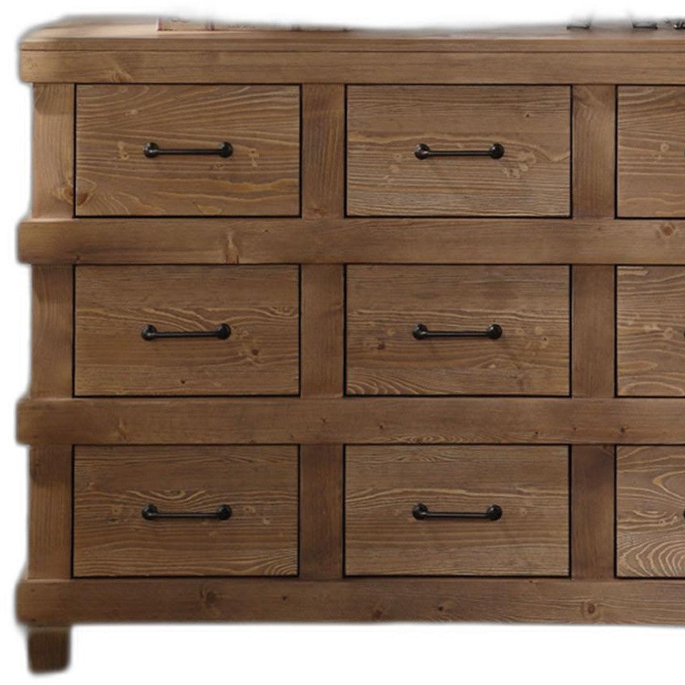 A beautifully crafted antique oak dresser measuring 44x19x32 inches, featuring nine drawers and a sophisticated design.