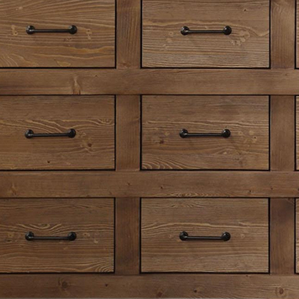 A beautifully crafted antique oak dresser measuring 44x19x32 inches, featuring nine drawers and a sophisticated design.