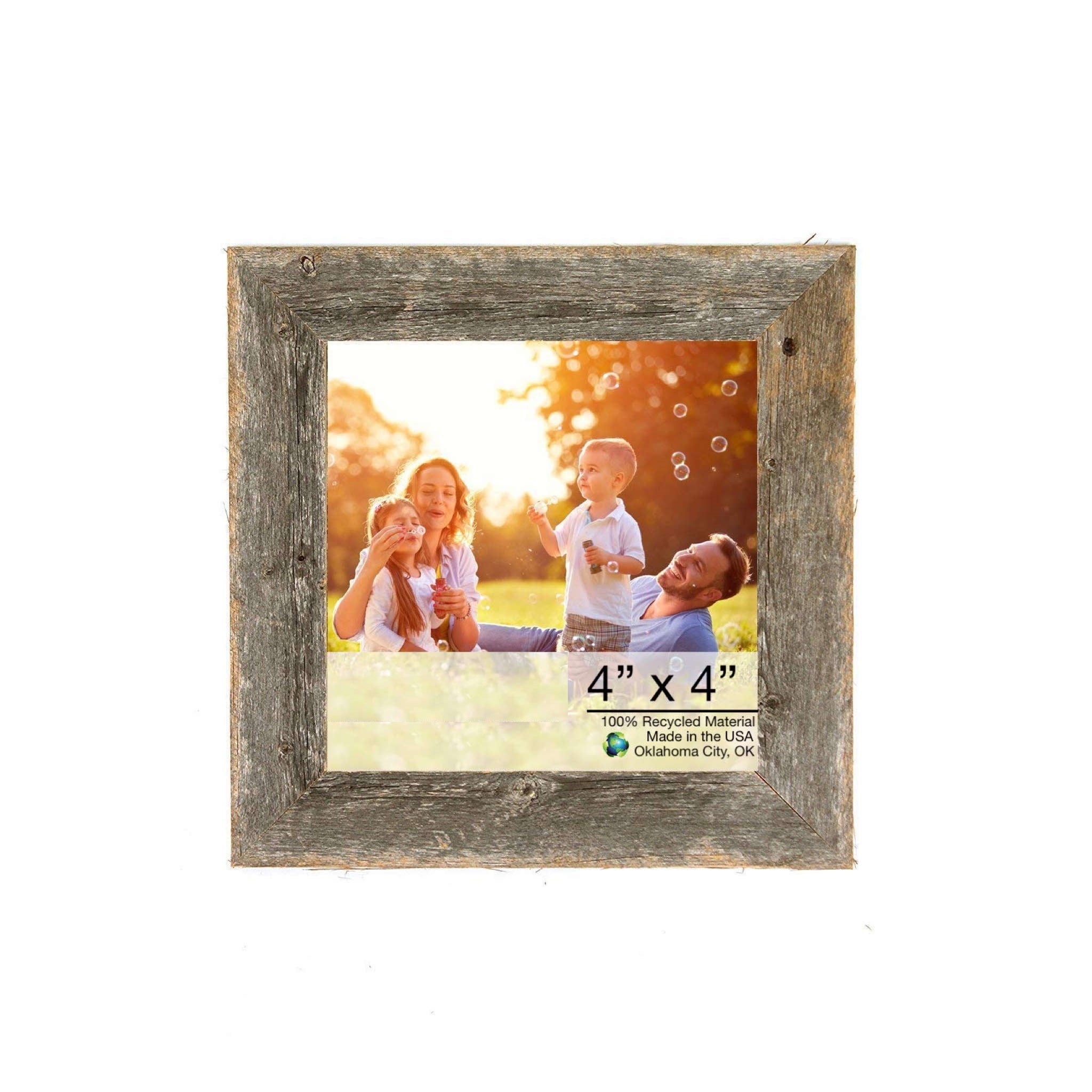 A rustic 4x4 inches natural weathered gray picture frame made from reclaimed wood, showcasing a beautiful photo.