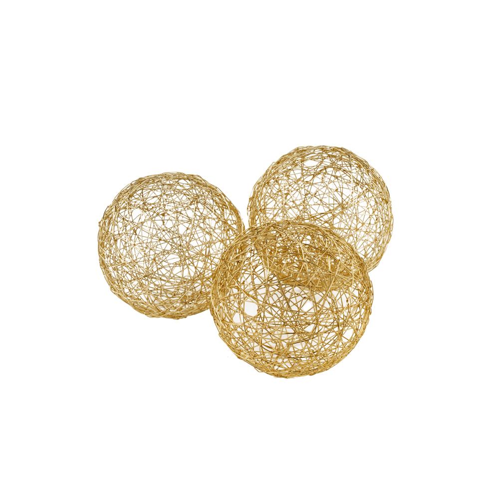 Three stylish gold iron wire spheres, each measuring 4 inches, perfect for home decor.