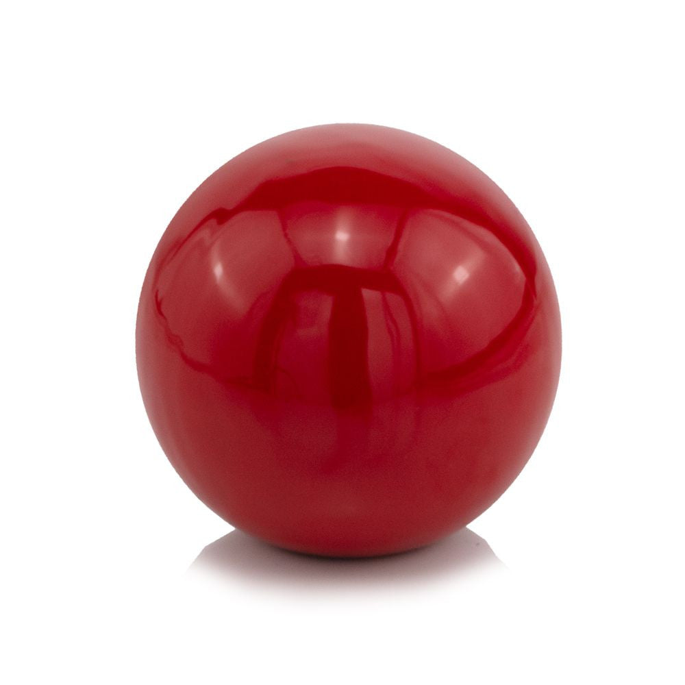 A polished red aluminum poppy sphere measuring 4 inches in height, width, and depth, showcasing a sleek and elegant design.