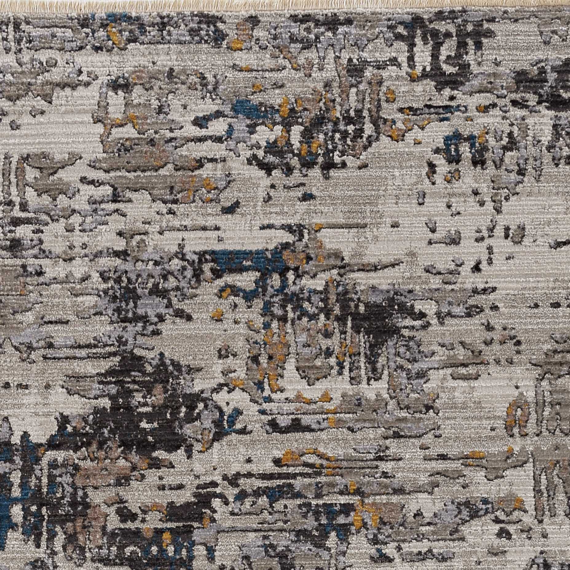 4 inches x 5 inches grey abstract area rug with fringe and metallic highlights, showcasing a contemporary design.