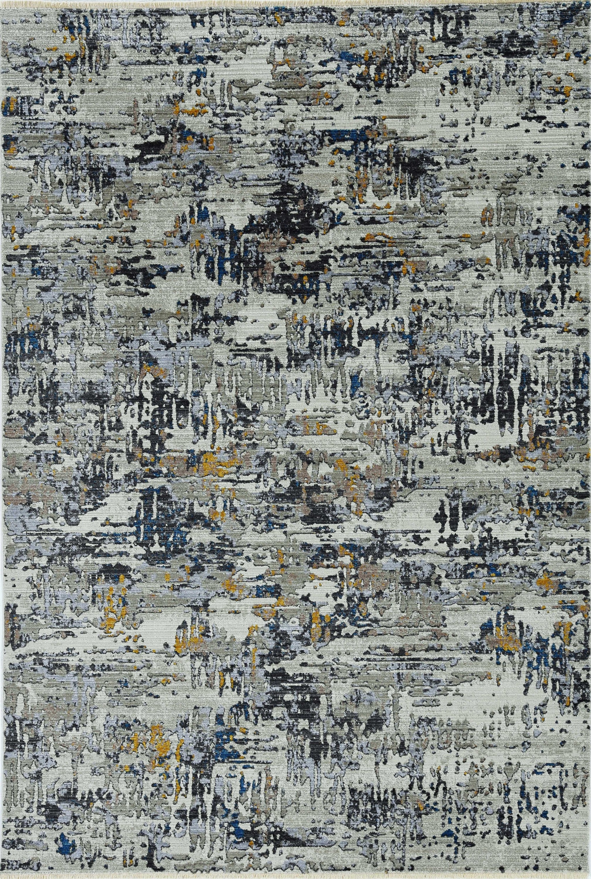 4 inches x 5 inches grey abstract area rug with fringe and metallic highlights, showcasing a contemporary design.