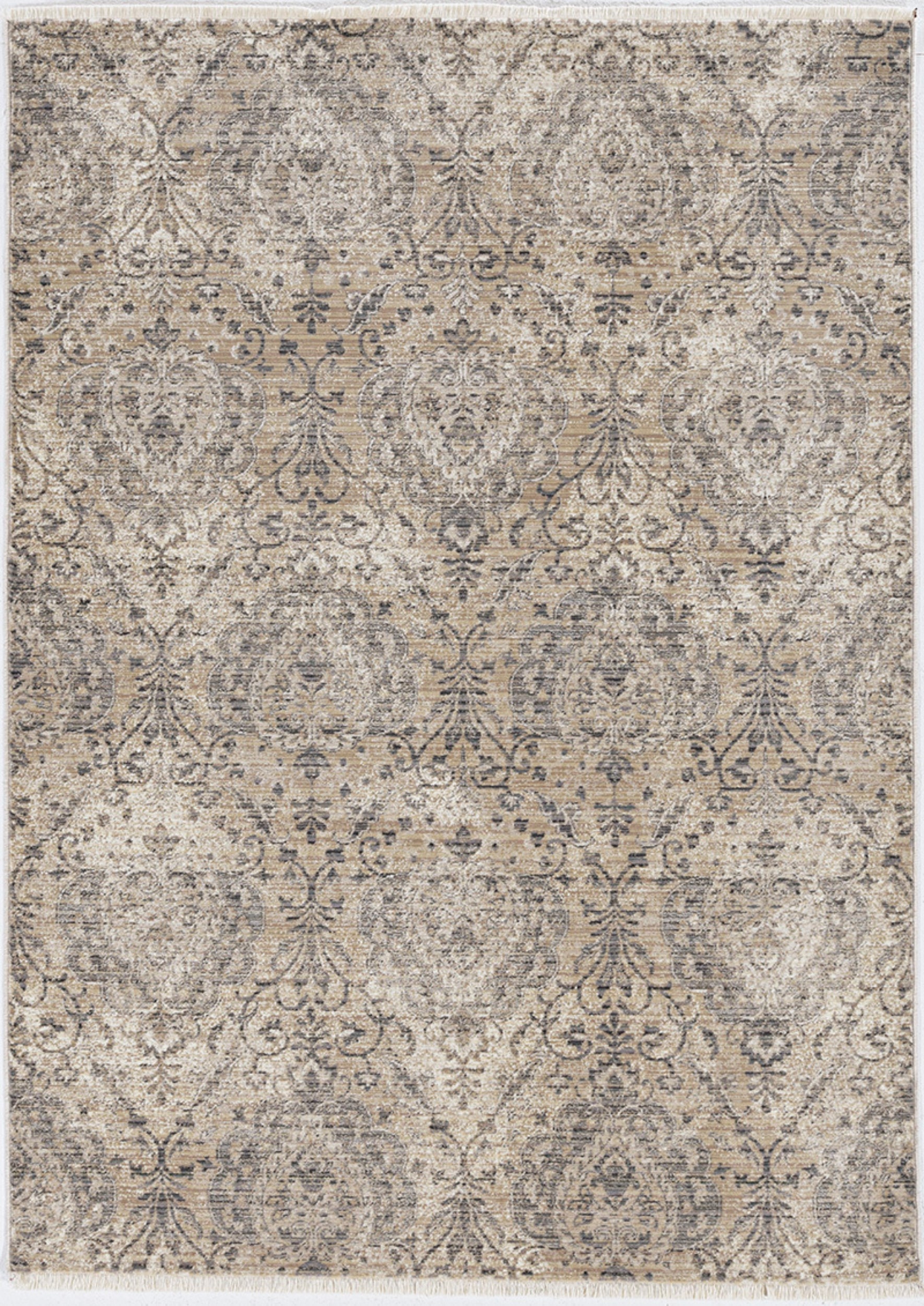 4x6 sand grey machine woven distressed vintage traditional rug, showcasing intricate patterns and a rustic design.