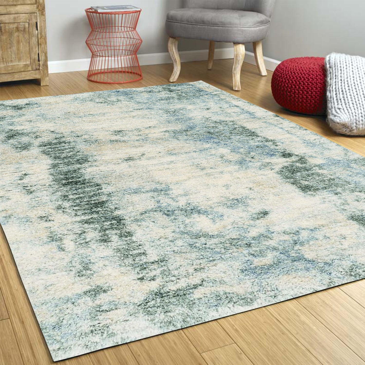 4'x6' ivory blue machine woven abstract indoor area rug showcasing modern design and soft patterns.