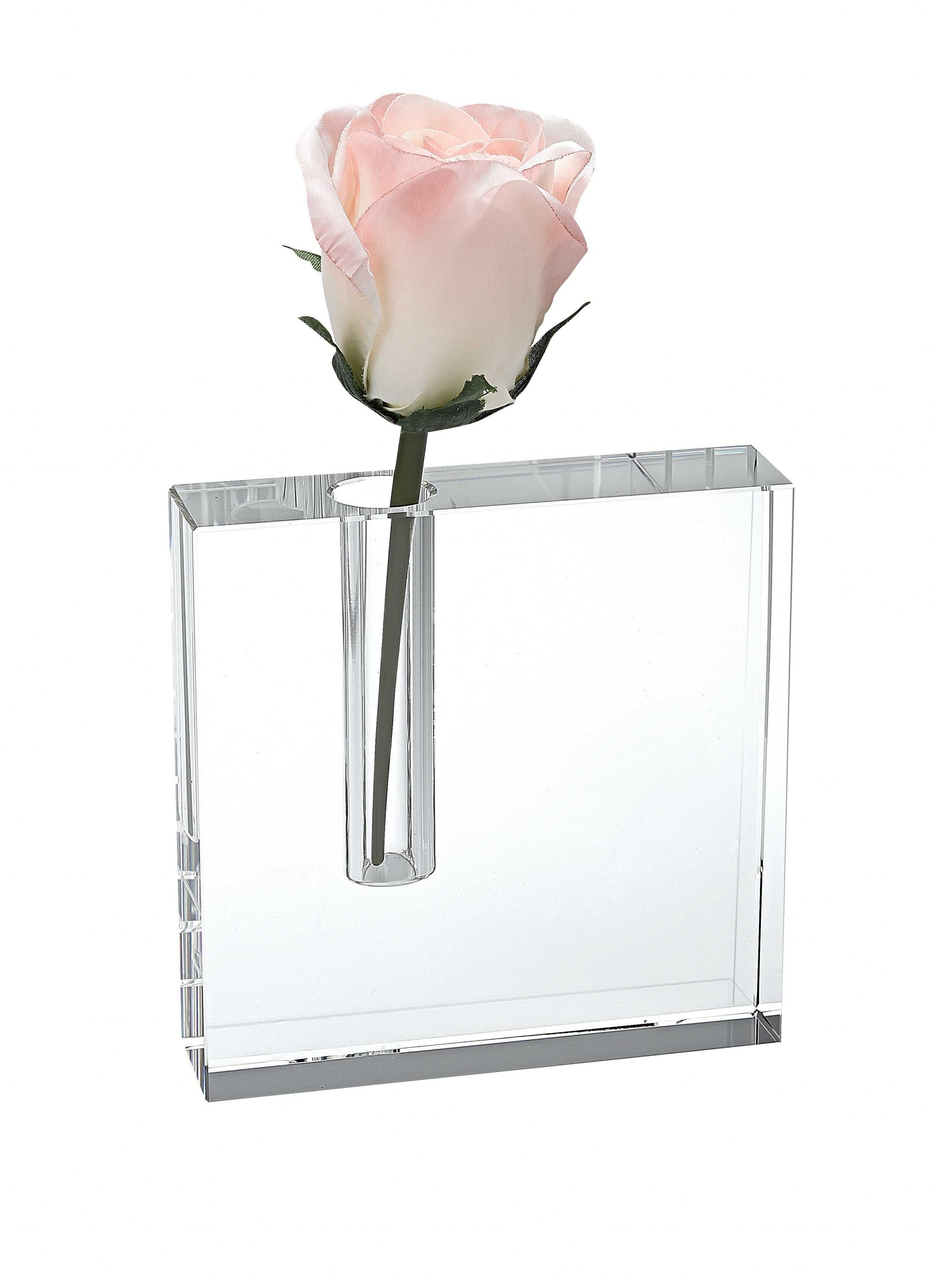 A beautifully handcrafted crystal bud vase, showcasing a clear, modern design, perfect for displaying flowers.