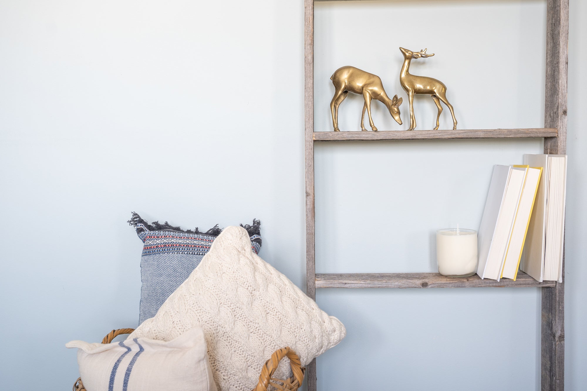 5 Step Rustic Weathered Grey Wood Ladder Shelf showcasing its unique handcrafted design and reclaimed wood finish.